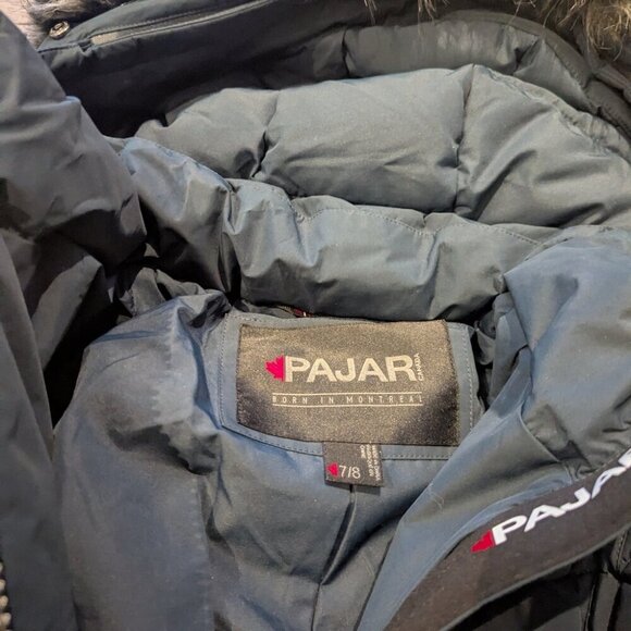 Girls Pajar Navy Midi Hooded Puffer Jacket with Faux Fur - Size 7/8 Like New - Picture 5 of 11